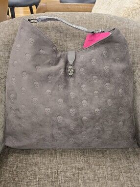 Betsey Johnson Gray Skull-Embossed Suede Hobo Handbag